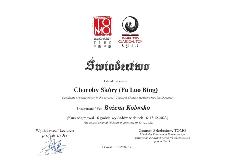 Świadectwo TOMO — Choroby Skóry (Fu Luo Bing), 2023