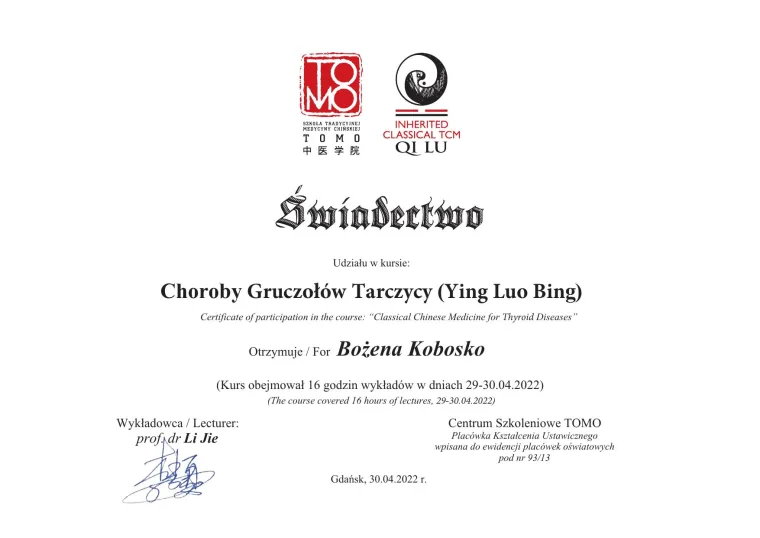 Świadectwo TOMO — Choroby Gruczołów Tarczycy (Ying Luo Bing), 2022