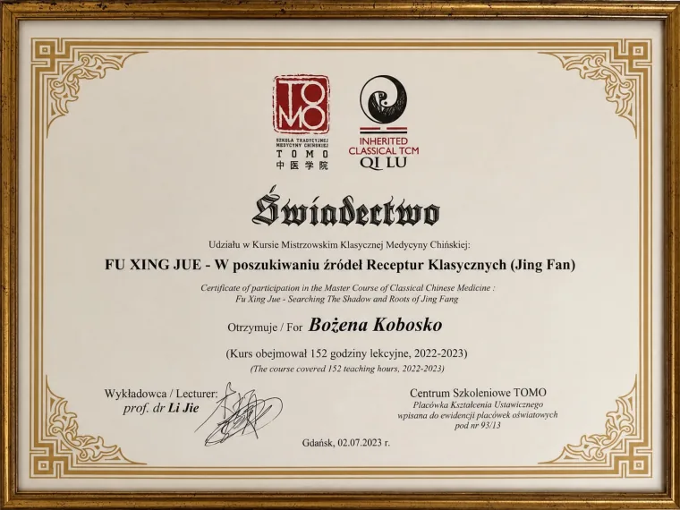 Świadectwo TOMO — Fu Xing Jue, studium receptur klasycznych Jing Fang, 2022–2023