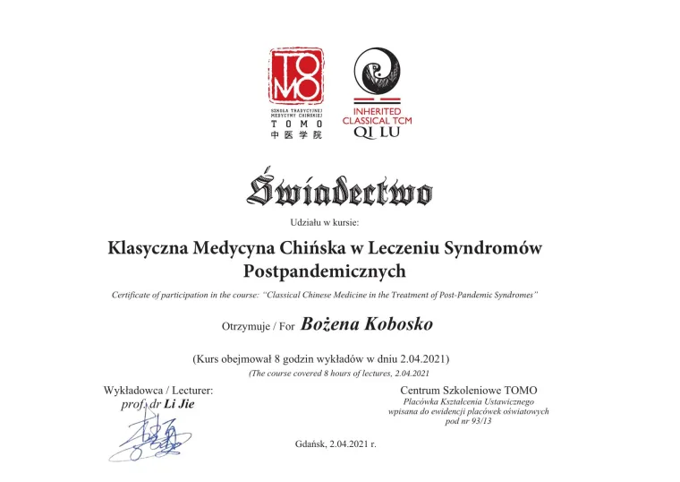 Świadectwo TOMO — Klasyczna Medycyna Chińska w Leczeniu Syndromów Postpandemicznych, 2021